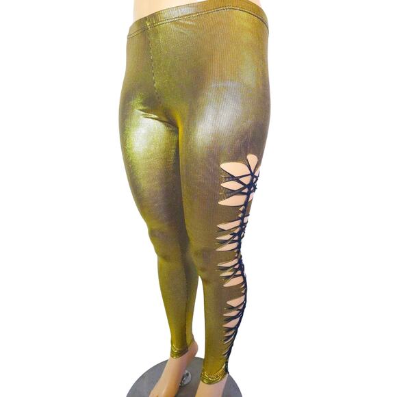 GOLDEN RADIANCE - 1XL/2XL - Leggings - Shimmering Gold w/ Stylish Side Cuts - Picture 5 of 7
